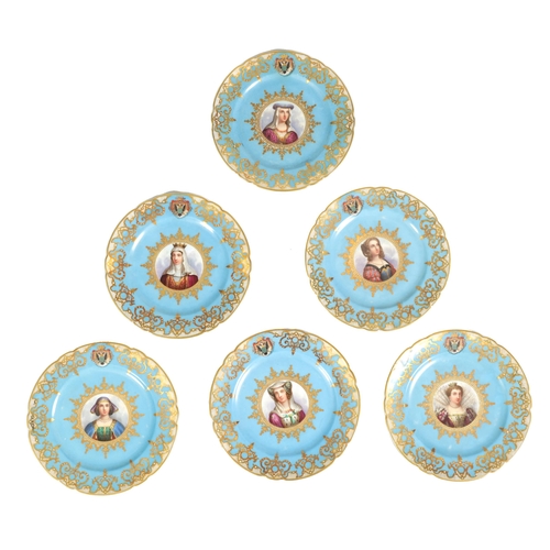 95 - A SET OF SIX SEVRES STYLE PORCELAIN CABINET PLATES with finely painted portrait centres surrounded b... 