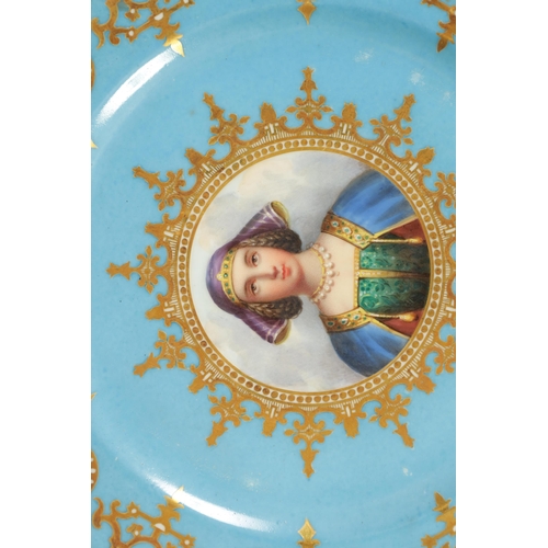 95 - A SET OF SIX SEVRES STYLE PORCELAIN CABINET PLATES with finely painted portrait centres surrounded b... 