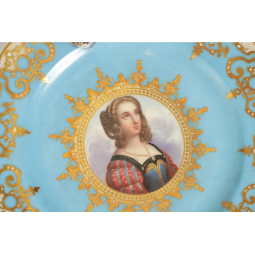 95 - A SET OF SIX SEVRES STYLE PORCELAIN CABINET PLATES with finely painted portrait centres surrounded b... 