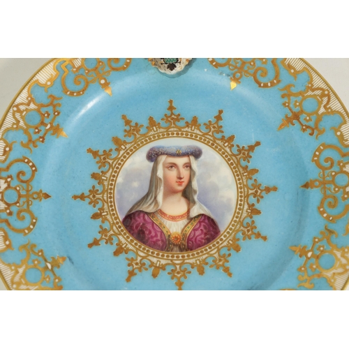 95 - A SET OF SIX SEVRES STYLE PORCELAIN CABINET PLATES with finely painted portrait centres surrounded b... 