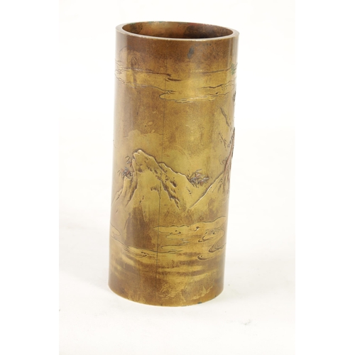 99 - A JAPANESE CYLINDRICAL MEIJI PERIOD BRONZE AND MIXED METAL INLAID VASE with mark beneath (25cm high ... 