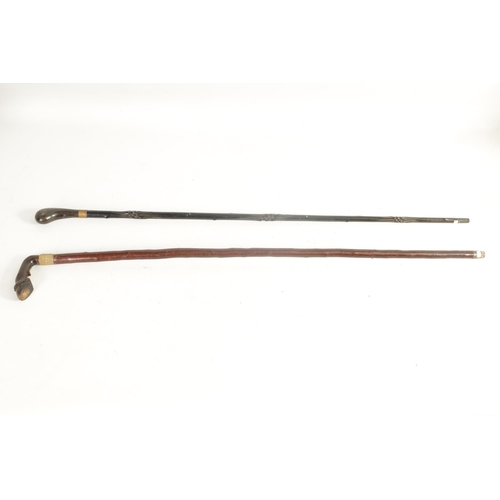 461 - A LATE 19THCENTURY HORN HANDLED WALKING STICK AND ANOTHER the horses hoof example with metal ferrule... 