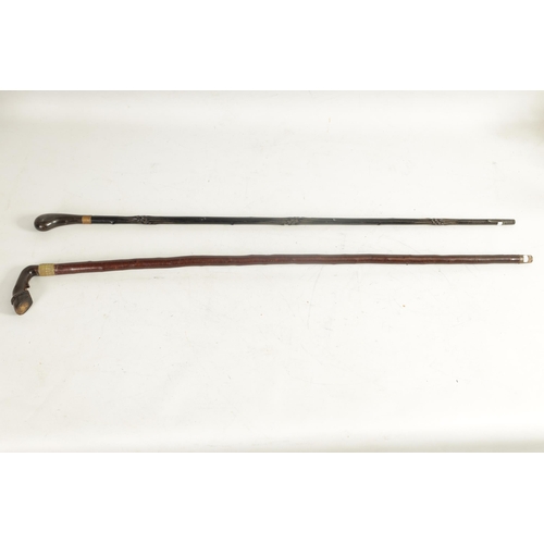 461 - A LATE 19THCENTURY HORN HANDLED WALKING STICK AND ANOTHER the horses hoof example with metal ferrule... 