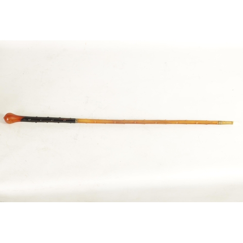 474 - A LATE 19TH CENTURY RHINOCEROS HORN WALKING CANE of tapering segmented form having knotted faux bran... 