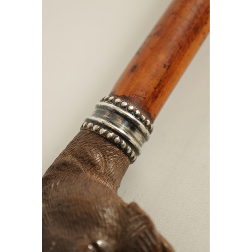 478 - A FRENCH 19TH CENTURY CARVED BOXWOOD AND SILVER MOUNTED BULL DOG WALKING STICK set with amber glass ... 