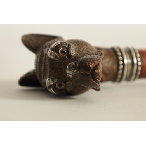 478 - A FRENCH 19TH CENTURY CARVED BOXWOOD AND SILVER MOUNTED BULL DOG WALKING STICK set with amber glass ... 