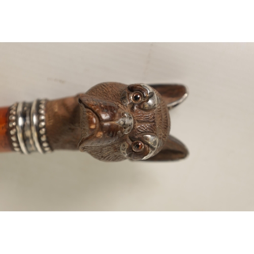 478 - A FRENCH 19TH CENTURY CARVED BOXWOOD AND SILVER MOUNTED BULL DOG WALKING STICK set with amber glass ... 