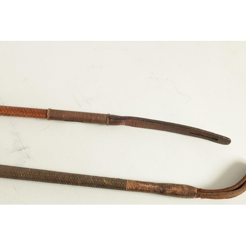 486 - A COLLECTION OF THREE WOOD AND LEATHER-BOUND RIDING CROPS two with angular stag horn handles (88cm o... 