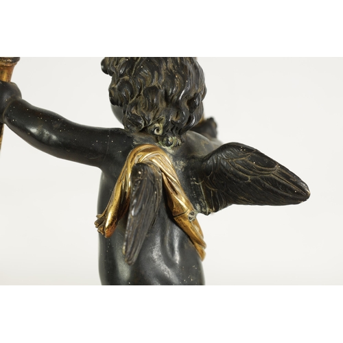 490 - A PAIR OF EARLY 19TH CENTURY FRENCH GILT BRONZE AND ROUGE MARBLE TWO BRANCH CHERUB CANDELABRA modell... 