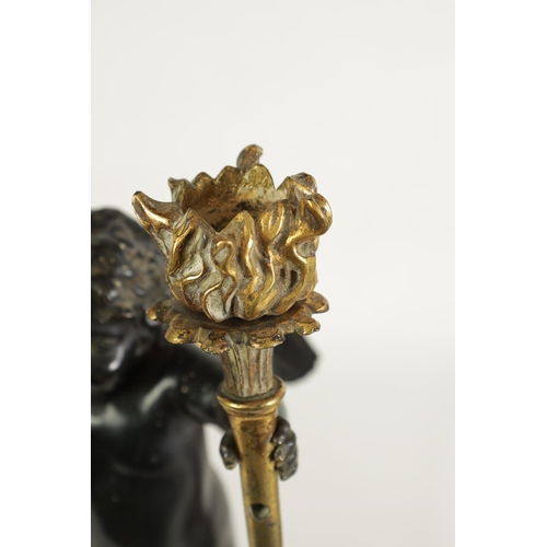 490 - A PAIR OF EARLY 19TH CENTURY FRENCH GILT BRONZE AND ROUGE MARBLE TWO BRANCH CHERUB CANDELABRA modell... 