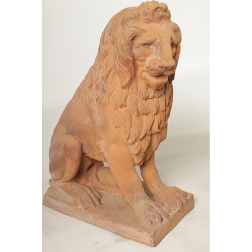 491 - A PAIR OF 19TH CENTURY TERRACOTTA LIONS seated on rectangular bases (74cm high 72cm deep )