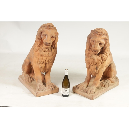 491 - A PAIR OF 19TH CENTURY TERRACOTTA LIONS seated on rectangular bases (74cm high 72cm deep )