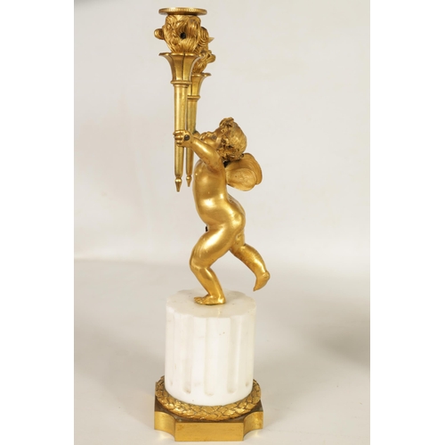 492 - A PAIR OF 18TH/19TH CENTURY BRONZE AND ORMOLU CANDELABRA formed as standing cherubs holding torches;... 