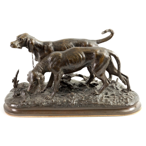 494 - CHRISTOPHER FRATIN (1801 - 1864). A 19TH CENTURY BRONZE DOG GROUP depicting two hounds mounted on a ... 