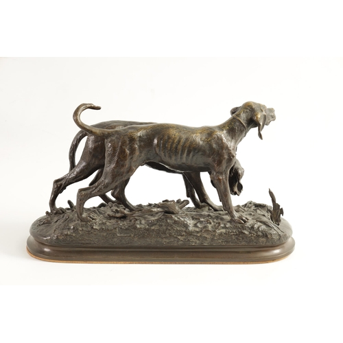 494 - CHRISTOPHER FRATIN (1801 - 1864). A 19TH CENTURY BRONZE DOG GROUP depicting two hounds mounted on a ... 