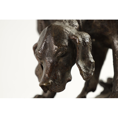 494 - CHRISTOPHER FRATIN (1801 - 1864). A 19TH CENTURY BRONZE DOG GROUP depicting two hounds mounted on a ... 