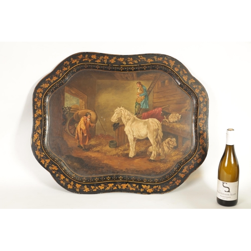 497 - A 19TH CENTURY SHAPED LACQUERWORK TRAY with stable scene painted centre depicting a horse and other ... 