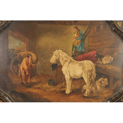 497 - A 19TH CENTURY SHAPED LACQUERWORK TRAY with stable scene painted centre depicting a horse and other ... 