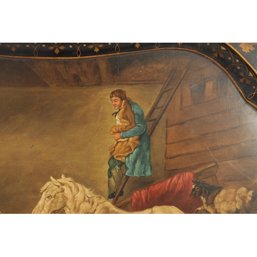 497 - A 19TH CENTURY SHAPED LACQUERWORK TRAY with stable scene painted centre depicting a horse and other ... 