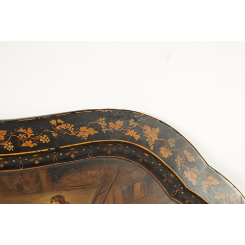 497 - A 19TH CENTURY SHAPED LACQUERWORK TRAY with stable scene painted centre depicting a horse and other ... 