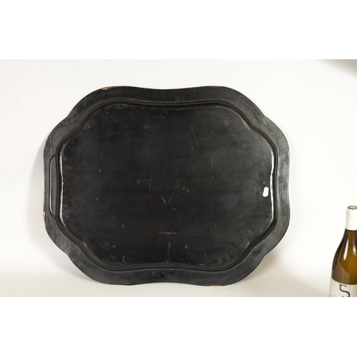 497 - A 19TH CENTURY SHAPED LACQUERWORK TRAY with stable scene painted centre depicting a horse and other ... 