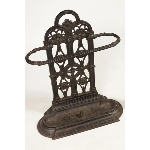 502 - A LATE 19TH CENTURY CAST IRON COALBROOKDALE STYLE STICKSTAND with stylised floral decoration and lif... 