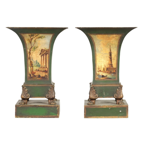 509 - A PAIR OF FRENCH TOLEWARE FLARED PLANTERS with green ground and gilt banded painted panels depicting... 