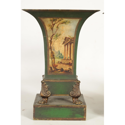 509 - A PAIR OF FRENCH TOLEWARE FLARED PLANTERS with green ground and gilt banded painted panels depicting... 