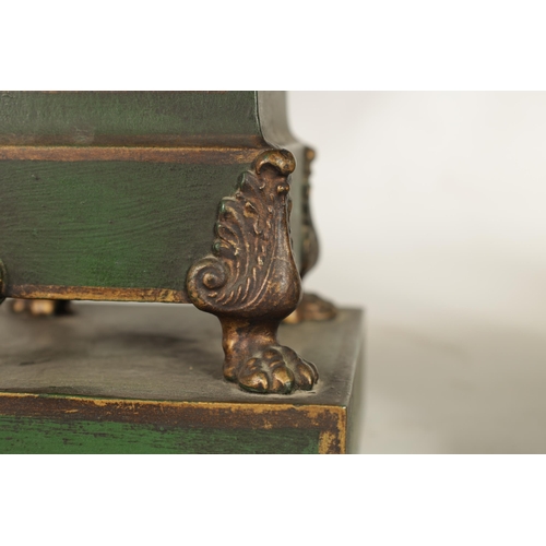 509 - A PAIR OF FRENCH TOLEWARE FLARED PLANTERS with green ground and gilt banded painted panels depicting... 