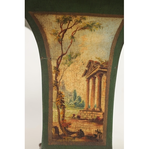 509 - A PAIR OF FRENCH TOLEWARE FLARED PLANTERS with green ground and gilt banded painted panels depicting... 