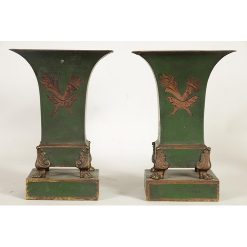 509 - A PAIR OF FRENCH TOLEWARE FLARED PLANTERS with green ground and gilt banded painted panels depicting... 