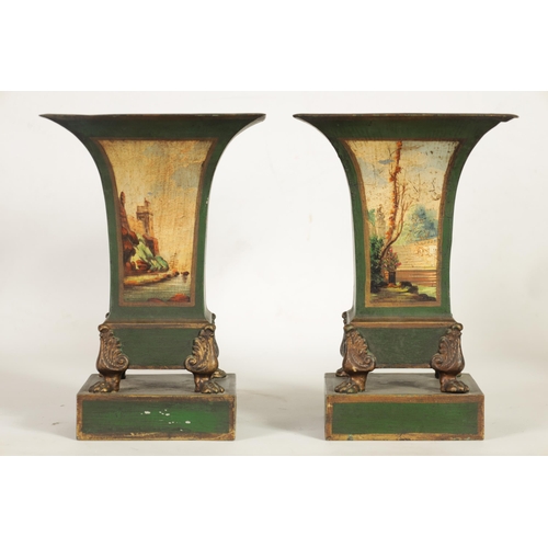 509 - A PAIR OF FRENCH TOLEWARE FLARED PLANTERS with green ground and gilt banded painted panels depicting... 