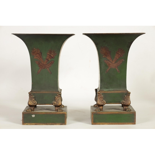 509 - A PAIR OF FRENCH TOLEWARE FLARED PLANTERS with green ground and gilt banded painted panels depicting... 