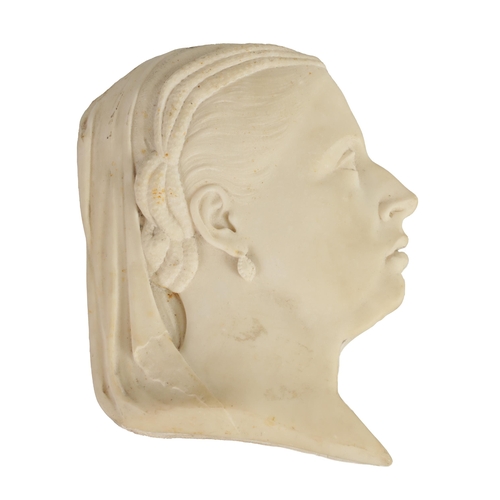 512 - A 19TH CENTURY SILHOUETTE WHITE MARBLE BUST OF A YOUNG LADY POSSIBLY QUEEN VICTORIA finely carved we... 