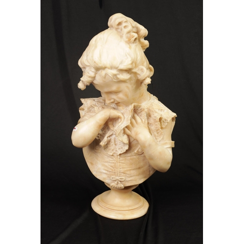 513 - A 19TH CENTURY CARVED ALABASTER BUST modelled as a young smiling girl raised on a turned socle (55cm... 