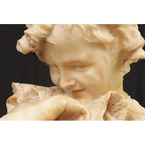 513 - A 19TH CENTURY CARVED ALABASTER BUST modelled as a young smiling girl raised on a turned socle (55cm... 