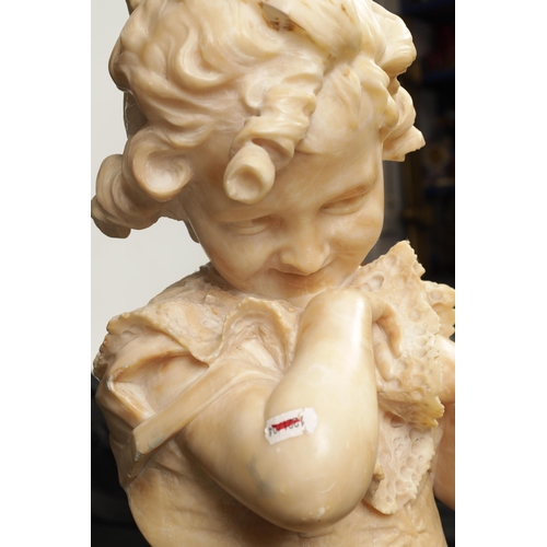 513 - A 19TH CENTURY CARVED ALABASTER BUST modelled as a young smiling girl raised on a turned socle (55cm... 