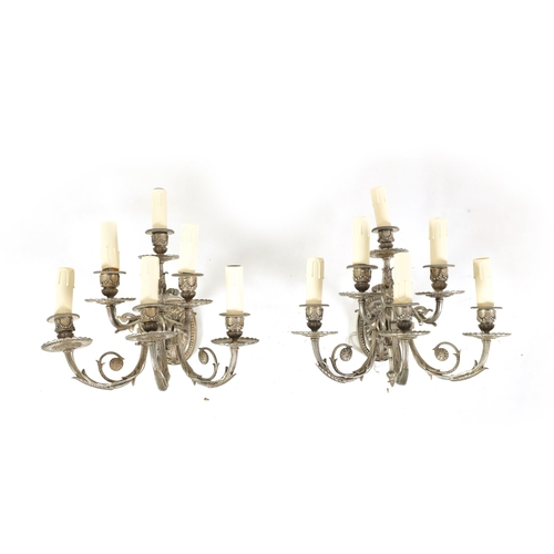 518 - A PAIR OF LATE 19TH CENTURY SILVERED BRONZE WALL SCONCES with six leaf cast branches and oval back p... 