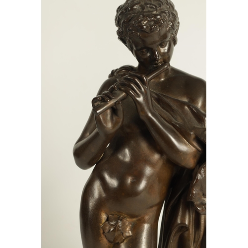 525 - A 19TH CENTURY BRONZE SCULPTURE OF THE SATYR “MARSYAS” PLAYING THE FLUTE leaning against a pillar - ... 