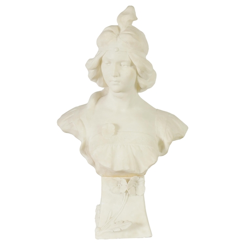 528 - A LATE 19TH CENTURY ART NOUVEAU CARVED ALABASTER BUST OF A YOUNG LADY on a shaped floral base - unsi... 