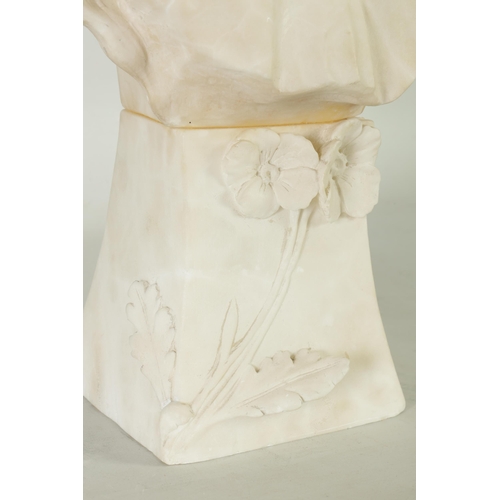 528 - A LATE 19TH CENTURY ART NOUVEAU CARVED ALABASTER BUST OF A YOUNG LADY on a shaped floral base - unsi... 