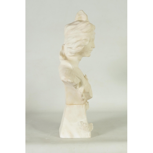 528 - A LATE 19TH CENTURY ART NOUVEAU CARVED ALABASTER BUST OF A YOUNG LADY on a shaped floral base - unsi... 