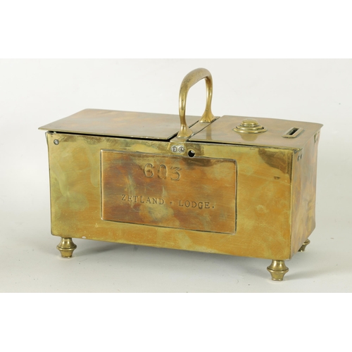 534 - A 19TH-CENTURY BRASS HONESTY TOBACCO BOX FOR 603 ZETLAND LODGE with hinged top and carrying handle a... 