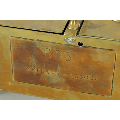 534 - A 19TH-CENTURY BRASS HONESTY TOBACCO BOX FOR 603 ZETLAND LODGE with hinged top and carrying handle a... 