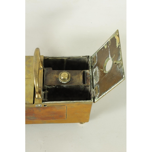 534 - A 19TH-CENTURY BRASS HONESTY TOBACCO BOX FOR 603 ZETLAND LODGE with hinged top and carrying handle a... 