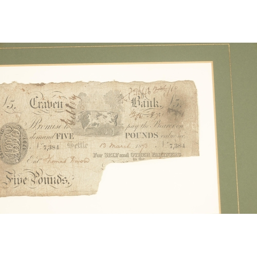 539 - A FRAMED CRAVEN FIVE POUND BANK NOTE dated 1893