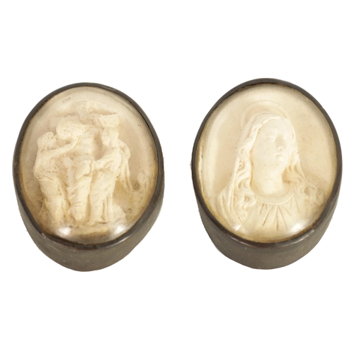 540 - A PAIR OF 19TH CENTURY OVAL 'GRAND TOUR' CARVED MEERSCHAUM MEDALLIONS modelled as a female bust and ... 