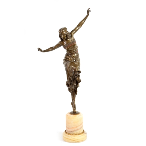 542 - A FINE AND IMPRESSIVE ART DECO BRONZE SCULPTURE OF A DANCING GIRL with coloured enamel jewels to the... 