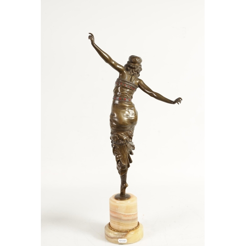 542 - A FINE AND IMPRESSIVE ART DECO BRONZE SCULPTURE OF A DANCING GIRL with coloured enamel jewels to the... 