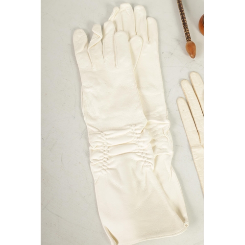 550 - TWO PAIRS OF LATE 19TH CENTURY FINE WHITE LEATHER LADIES GLOVES together with a pair of Mauchline wa... 